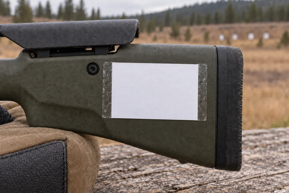 Photorealistic sample DOPE card attached to a rifle stock at an outdoor target range